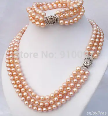 

LHX54013>>3 Rows Genuine Pink Pearl White Gold Plated Flower Clasp Necklace Bracelet Set