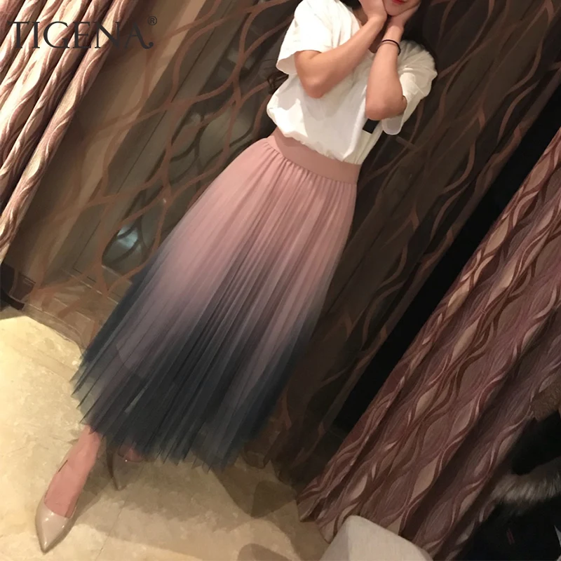 TIGENA 2019 Gradient Color Summer Tulle Skirt Women High Waist Pleated Long Skirt Female A-line White Pink Tutu School Skirt Sun TIGENA 2019 Gradient Color Summer Tulle Skirt Women High Waist Pleated Long Skirt Female A-line White Pink Tutu School Skirt Sun