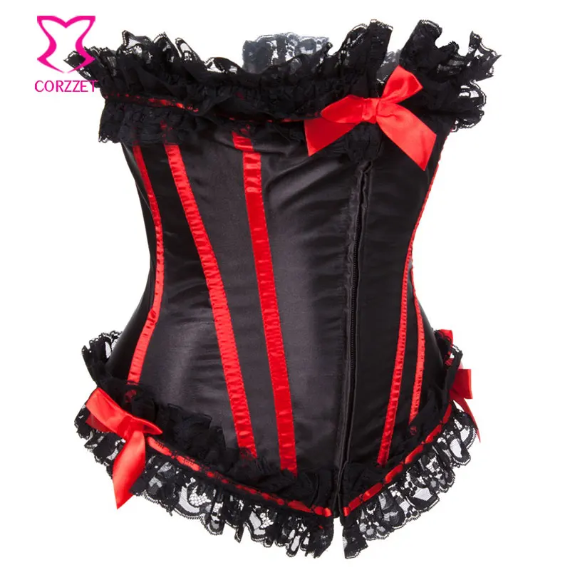 Черные атласные Кружево обод с красным косточки отделаны викторианской бюстье сексуальный корсет готический Топ corselete feminino Espartilhos Бурлеск