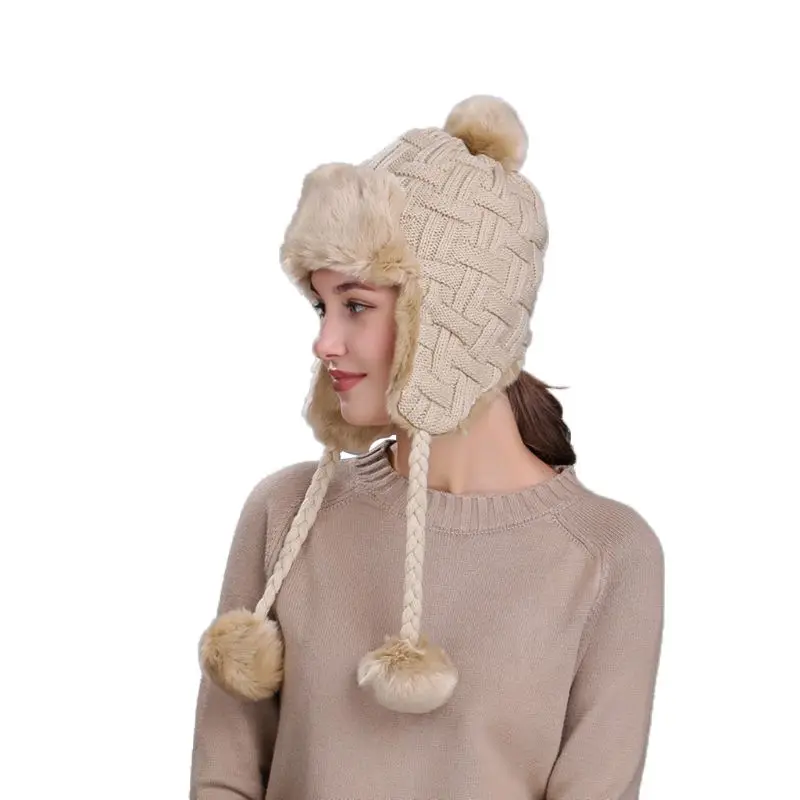 11 Styles Women Winter Thicken Lining Earflap Hat Knitted Contrast Color Snow Ski Beanie Cap Pompom Ball Long Tassels Ear Warmer - Цвет: Beige(solid)