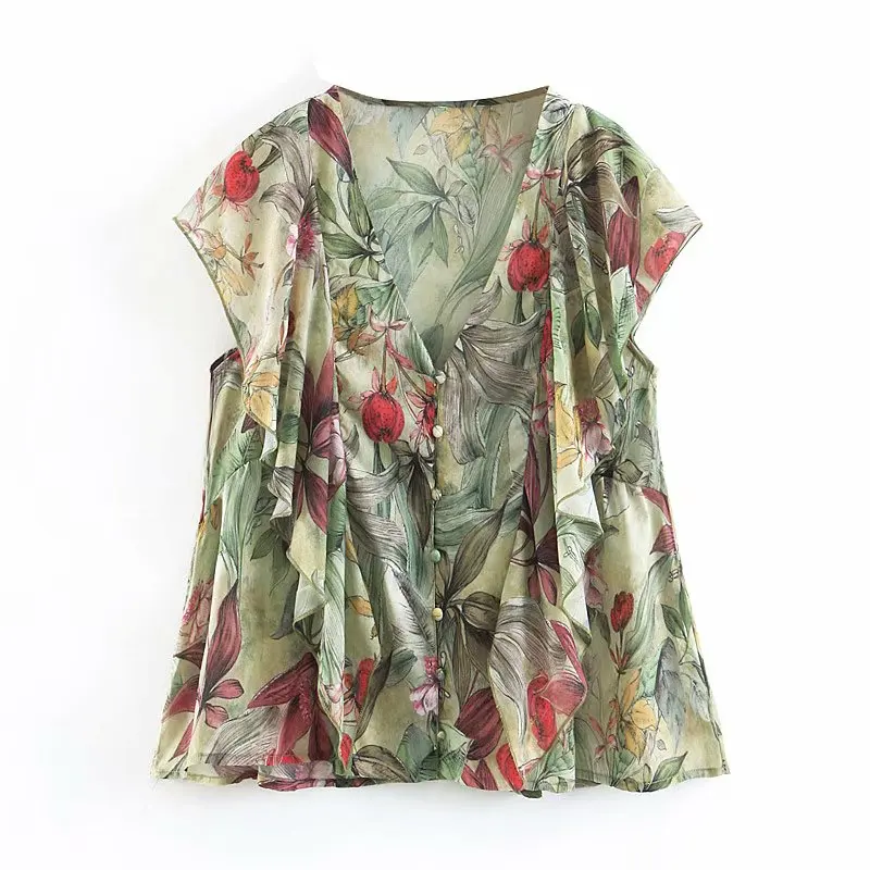 

Chiffon Women Shirt V-Neck Floral Blouses Summer Sleeve Casual Fashion Female Shirts Loose Slim Short Ladies Tops Shirt