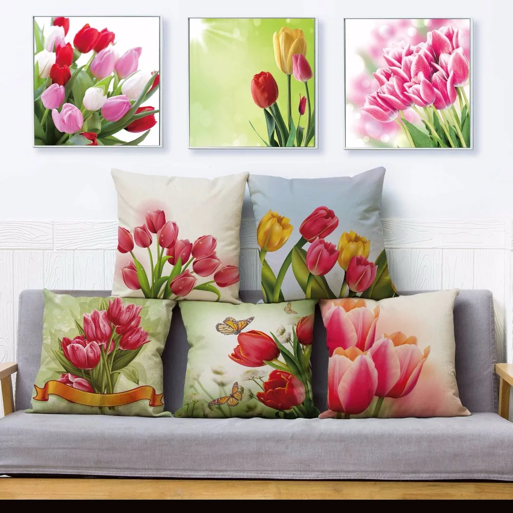 Beautiful Tulip Flower Floral Print Pillow Cover 45*45cm Square Cushion Covers Linen Pillow Case