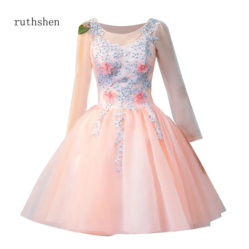 ruthshen 2018 New Flesh Pink Short Cocktail Dresses Transparent Long