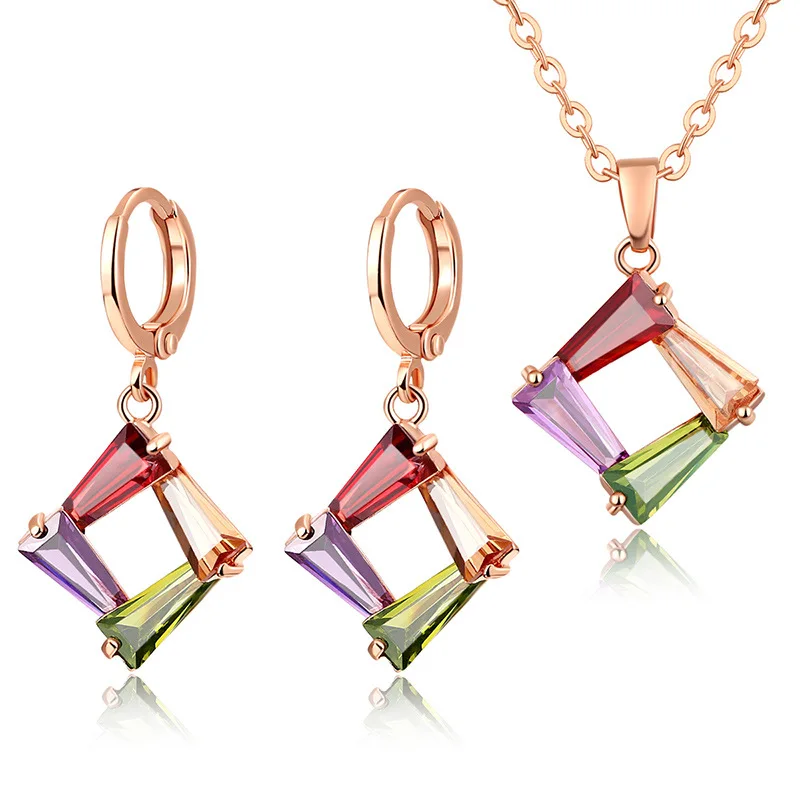 

European and American Bridal Jewelry Simple Box Zircon Necklace Earring Set Crystal Jewelry Two-piece Set