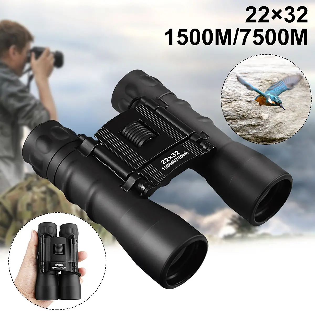 

22X32 1500M/7500M Folding HD Binocular Telescope Compact Night Vision Telescopio Binoculo For Outdoor Bird Watching Travelling