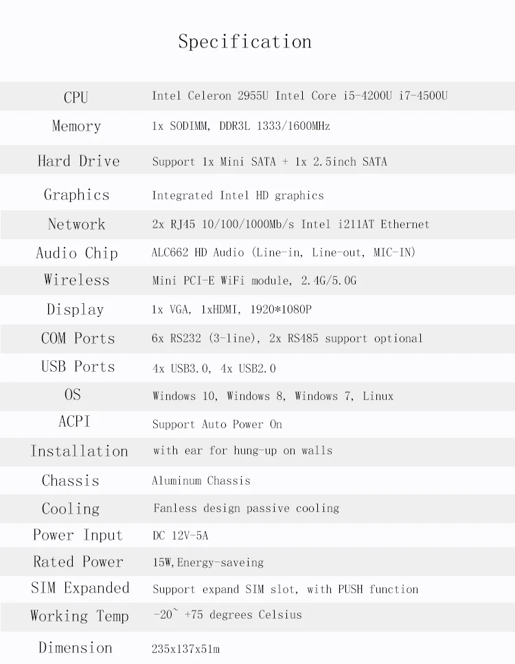 Xcy intel 2955u/I5 4200U/I7 4500U промышленный мини-ПК с 6* RS232/485 2* LAN HDMI VGA 8* USB Watch Dog 4G модуль