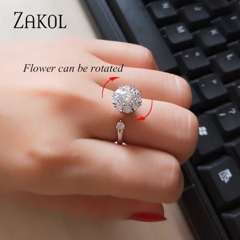 

ZAKOL New Arrival Fashion Rotating Flower Ring Sparking CZ Crystal Adjustable Engagement Rings For Women Wedding Jewelry FSRP253