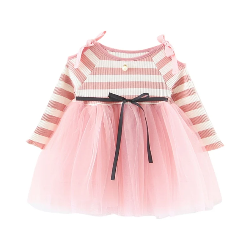От 0 до 2 лет, платье для маленьких девочек Одежда для новорожденных девочек трикотажная рубашка с бантом платья-балерины с длинными рукавами платье для выпускного вечера для маленьких девочек, Новинка - Цвет: Розовый