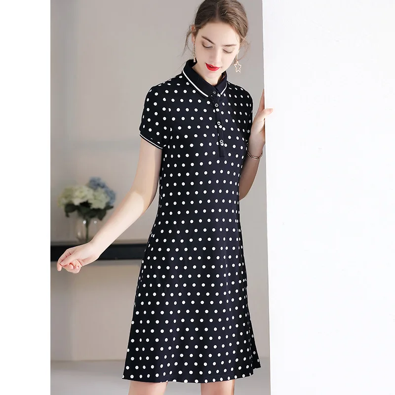 

Dress Summer Polka Dot 2019 Women's New Turn Down Collar Short Sleeves A-Line Casual Dress Knee Length Free Shipping S-XL