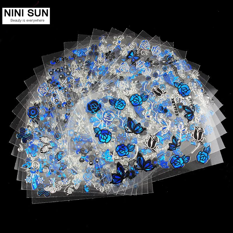 24 шт./лот, красивые инструменты для украшения ногтей, клей для ногтей, 3D наклейки для ногтей, Переводные картинки, Бабочка, голубая роза, дизайн,, Новинка