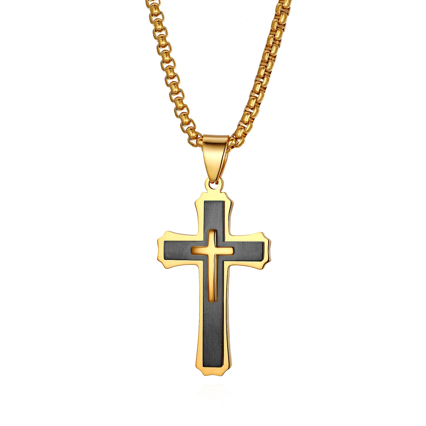 

BONISKISS Stainless Steel Silver Men's Easter Cross Necklace Unique Crucifix Metal Male Suspension Pendant Chain Choker Colar