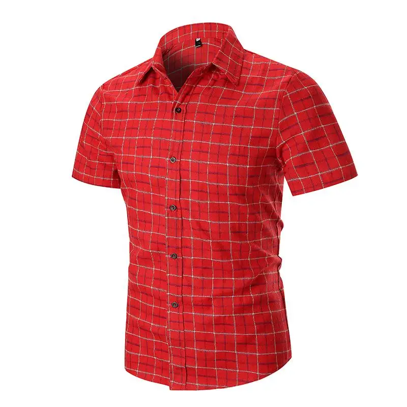 

Casual Mens Dress Shirts Summer Blouse Men Clothing New Camisa social 2019 Plaid Shirt Short Sleeve Linen Black red gray