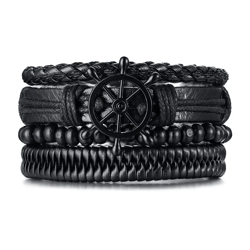 Oktrendy Mix 4Pcs/Set Braided Wrap Leather Bracelets for Men Women Vintage Wooden Beads Ethnic Tribal Wristbands Bracelet Rudder - Окраска металла: black