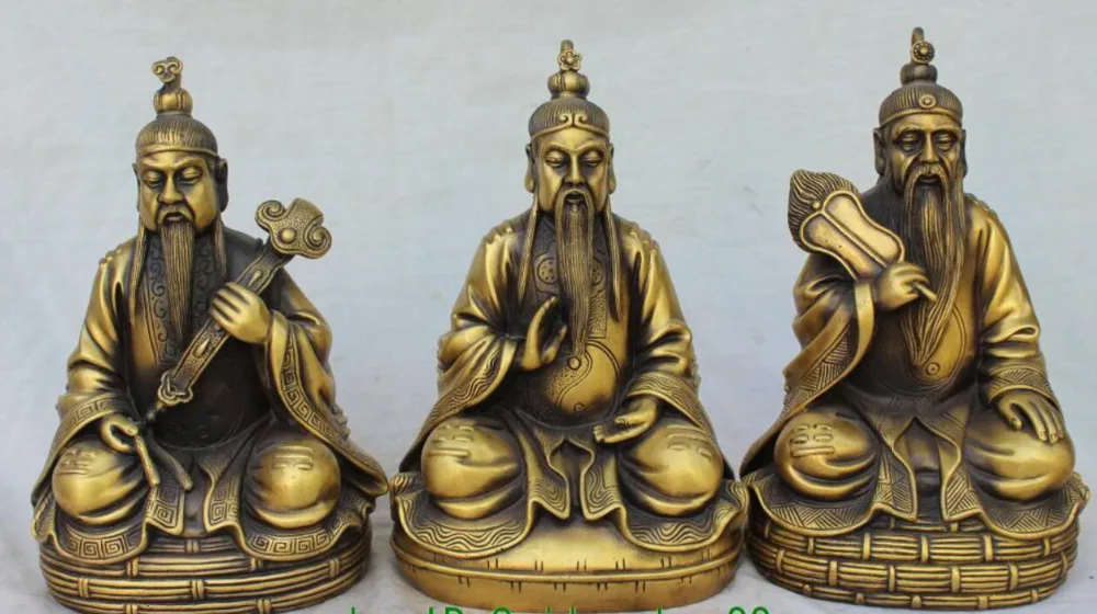 

13" Chinese Bronze High Lord Laojun Taoist Buddha 3 God Xing Set Ruyi Fan Statue