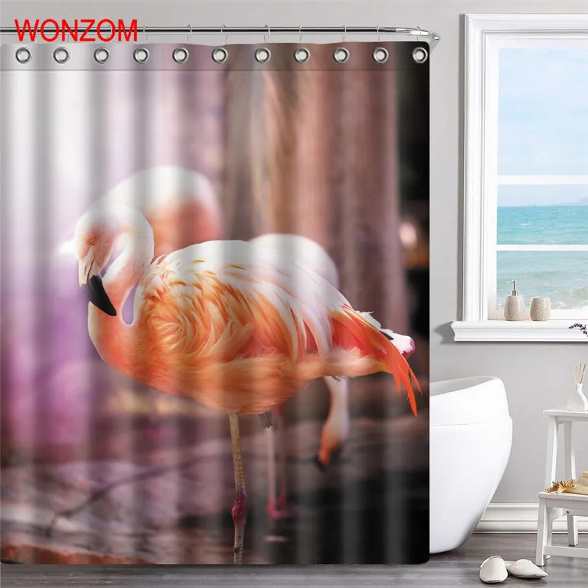 Us 1245 50 Offwonzom Flamingo Polyester Fabric Shower Bird Curtain Bathroom Decor Beach Waterproof Animal Cortina De Bano With Hooks 2017 Gift In