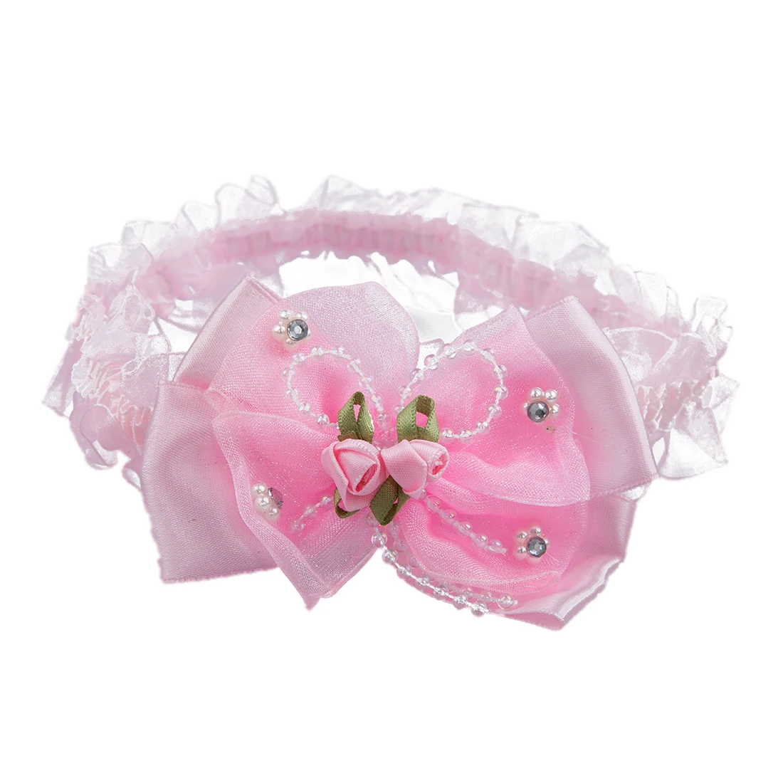 

Baby Infant Girls Lace Headband Hair Bow w/ Beads and Roses - Pink