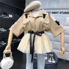 Women Two Piece Outfits Sequined Embroidery Half Sleeve Khaki Jacket Blouse+ Lace-up Patchwork Tulle Tutu Mesh Skirt Set