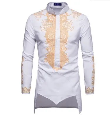 

Vintage Men's Long Sleeve Shirts Printing Stand Color Tops Irregular Single Breasted Shirt