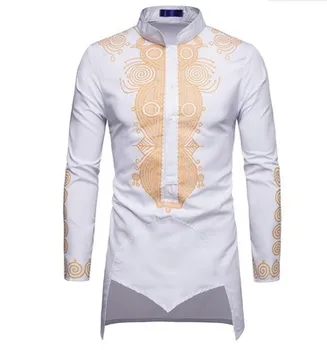

Vintage Men's Long Sleeve Shirts Printing Stand Color Tops Irregular Single Breasted Shirt