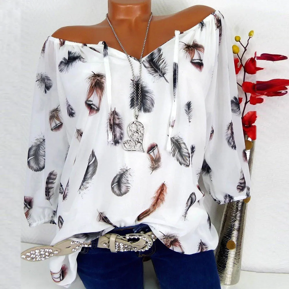 

Fashion 5XL Large Size Women's Blouses Summer Tops New Leisure Blouse White Loose Feather Print V Neck Half Sleeve work Shirts68