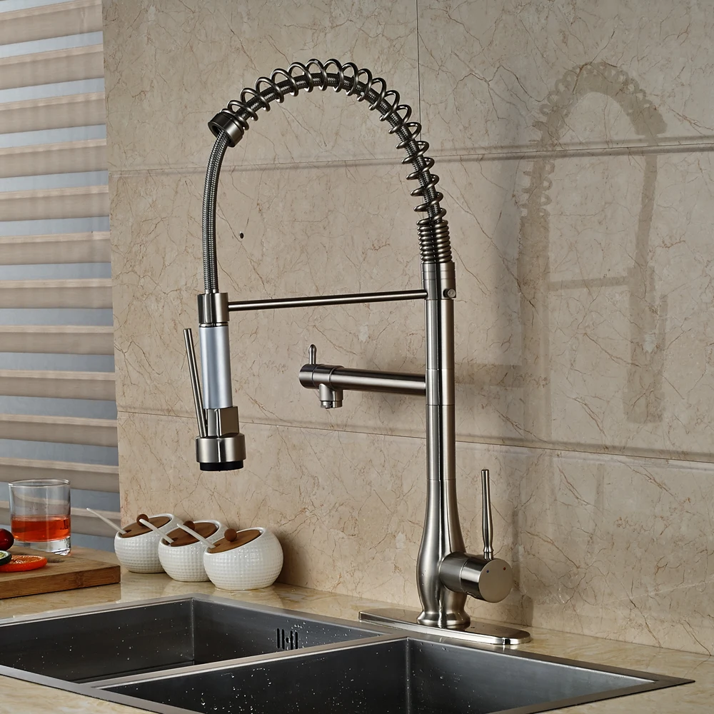 

Newly Nickel Brushed Finished Deck Mounted Swivel Spout Mixer Tap Pull Out Kitchen Sink Faucet
