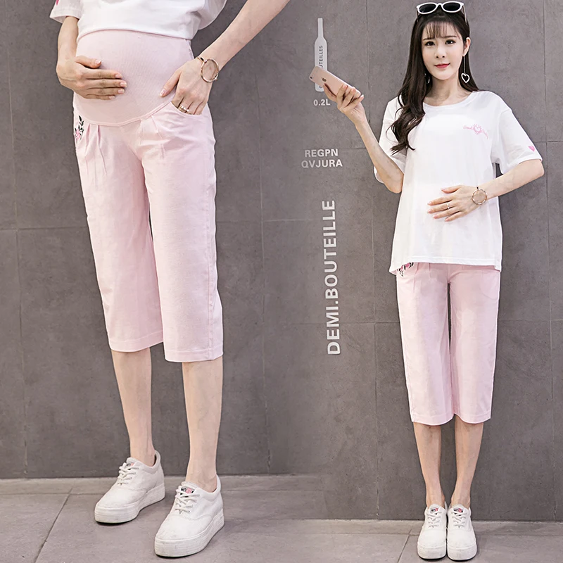338#7/10 тонкие льняные Цветочные Вышивка Материнство летние брюки модные регулируемые капри для живота для беременных женщин Одежда для беременных - Цвет: Розовый