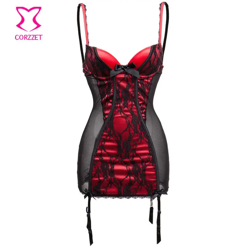 

Red Satin&Black Floral Lace Mesh Chemise Erotic Lingerie Sexy Underwear For Women Nightwear Plus Size Lenceria Erotica Hot