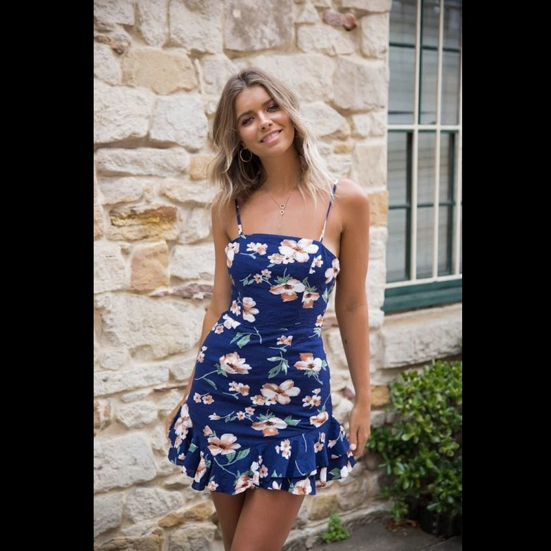 

2019 New Dresses Women Chiffon Spaghetti Strap Summer Floral Printed Sundress Stripe Mini Girl Sexy Party Night Club Wear Female