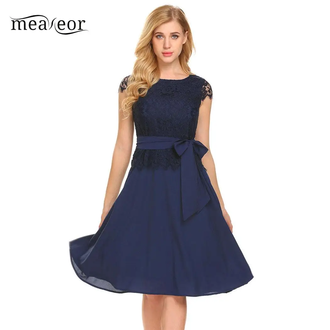 

Meaneor Short Sleeve Women Dress Elegant Round Neck Women Dress Fashion Lace Patchwork Evening Party Dress with Belt Vestido