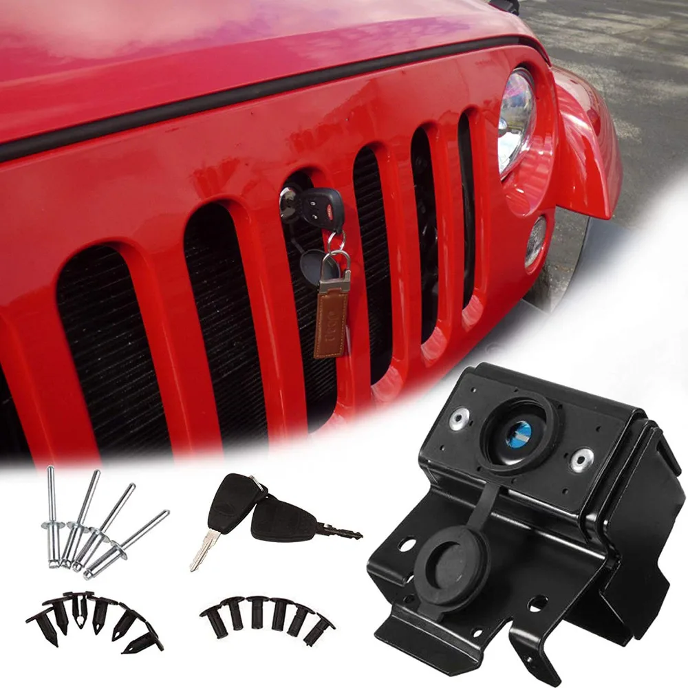 

KEMiMOTO Front Engine Compartment Hood Cover Lock Kit Anti Theft Grille Lock With Key For Jeep Wrangler JK 2007-2017