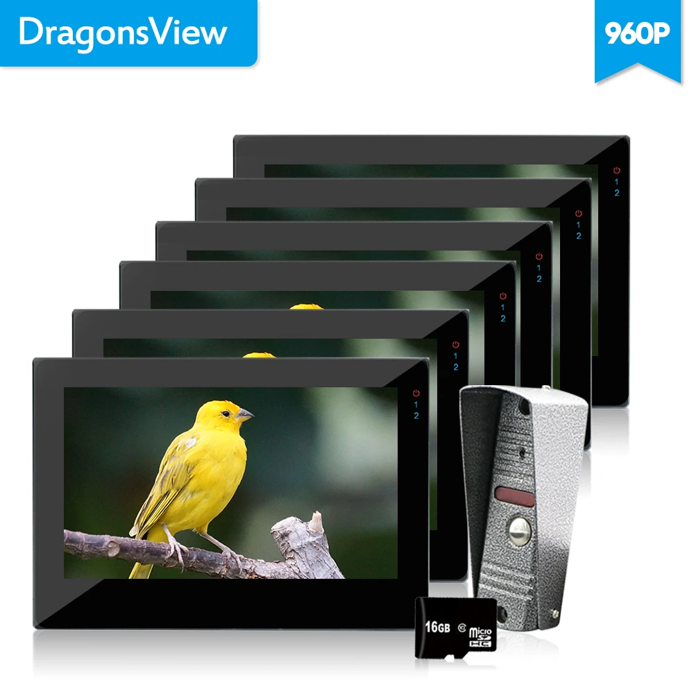 

Dragonsview 960P Motion Detection 7`` Touch Screen Color Video Door Phone Intercom System 6 Record Monitors Camera Panel SD Card