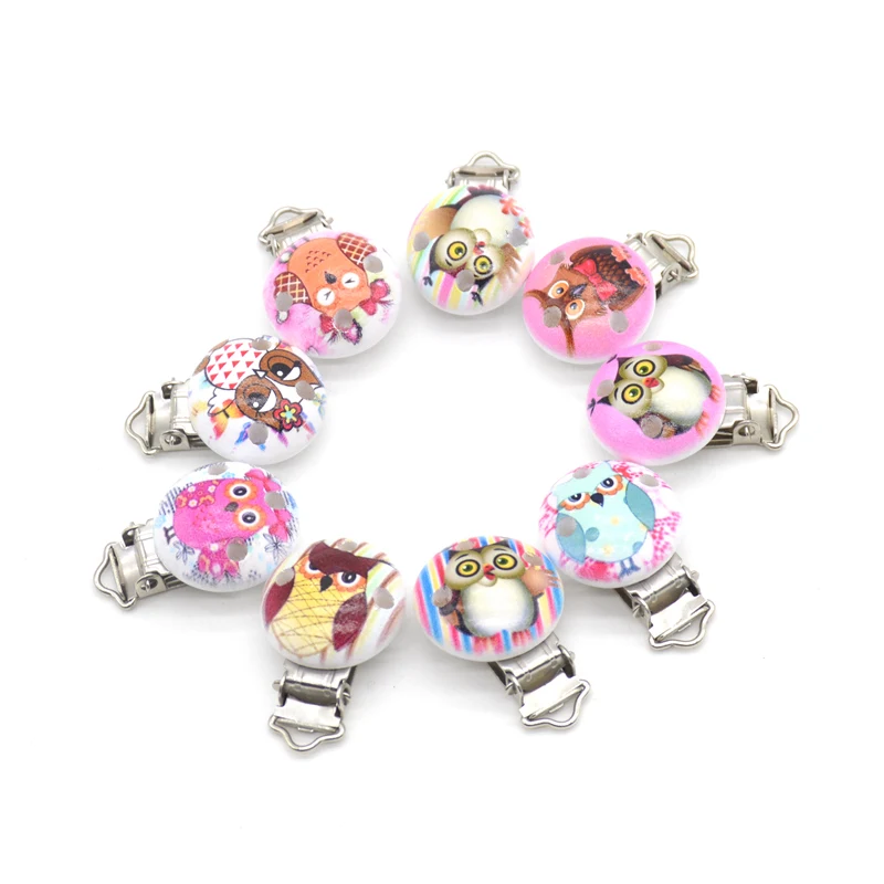 

5 PCS Wood Baby Pacifier Clip Round Multicolor Owl Pattern 4.4cm x 2.9cm(1 6/8" x1 1/8")