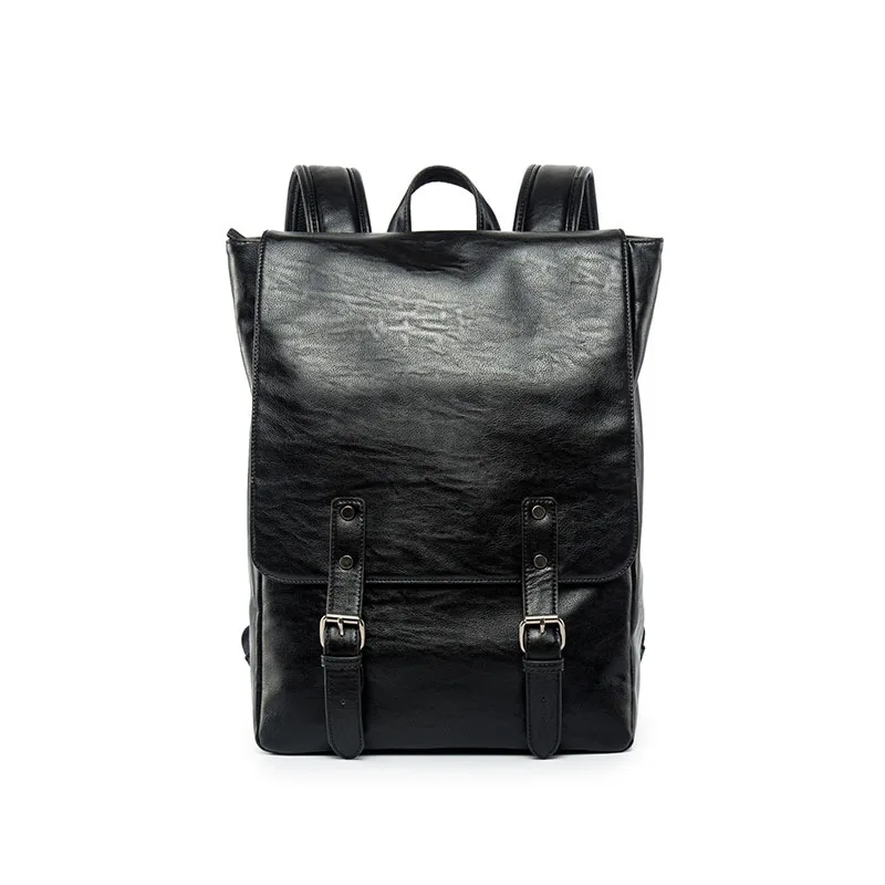 

Retro Fashion Men's Square Soft Leather Shoulder Bag Black Simple Backpack