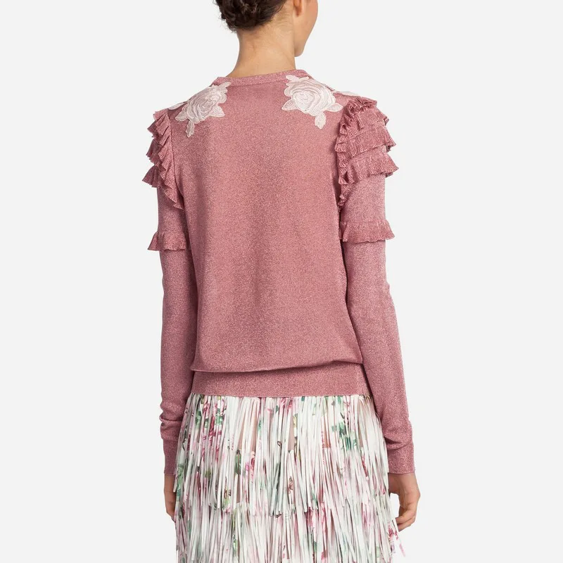 2018 Winter Christmas Animal Embroidery Pink Knitted Sweaters Pullovers Women Runway Design Ruffle Elegant Clothes Lady Jumper 