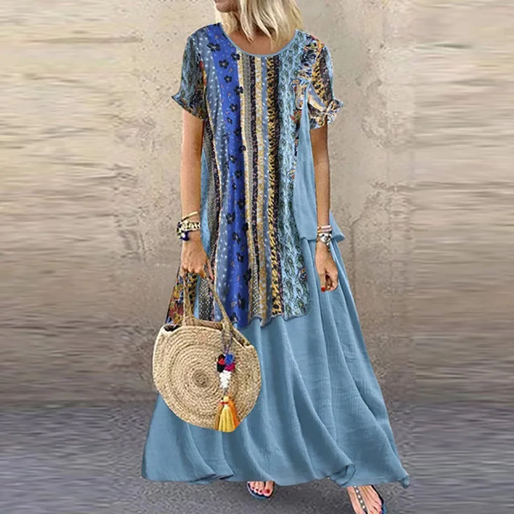 

KLV 2019 women dress платье dress Women Vintage Print Patchwork O-Neck Short Sleeve Summer Plus Size Maxi Dress free shippingD4