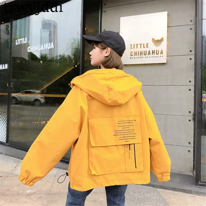 New Spring Autumn Jackets Women Korean Loose Large Size bf big pocket Hooded Windbreaker Female Harajuku Coat N371 - Цвет: yellow