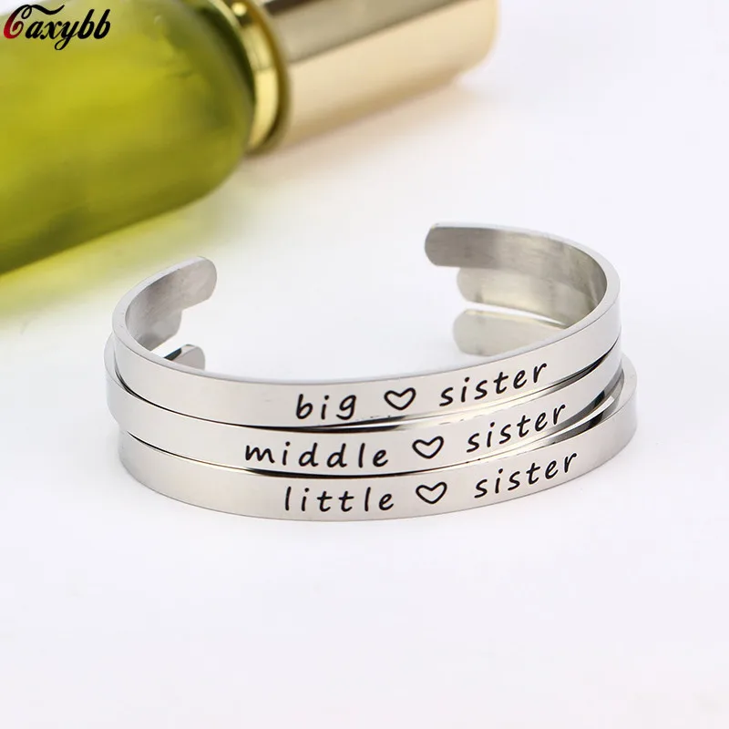 

Open Bracelet 316L Stainless Steel woman's Inspirational Message Cuff Letter Bracelets Bangle Little Middle Big Sister