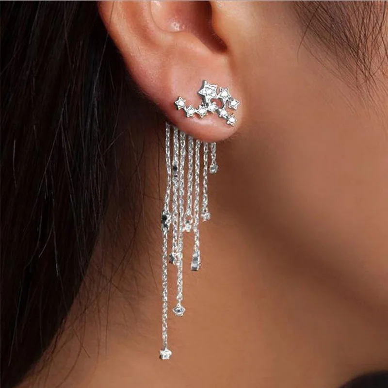 

1 Pair Fashion Women Stylish Gold/ Silver Color Star Streamlined Tassel Long Crystal Earrings Women Girl Jewelry Pendante Femme