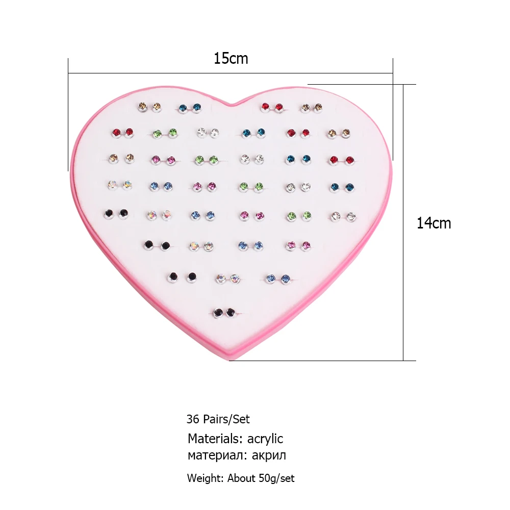 36 пар/лот женские Кристальные маленькие серьги-гвоздики наборы с сердцем Подарочная коробка дети, девочки мини-серьга друг ювелирные изделия на день рождения