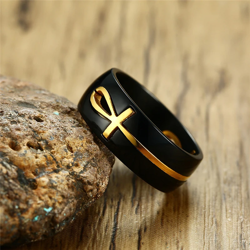 ROMAD мужское двухцветное кольцо с вырезами Египетский крест Анкх крест для мужчин из нержавеющей стали съемный Бог черный религиозный мужской ювелирный R4