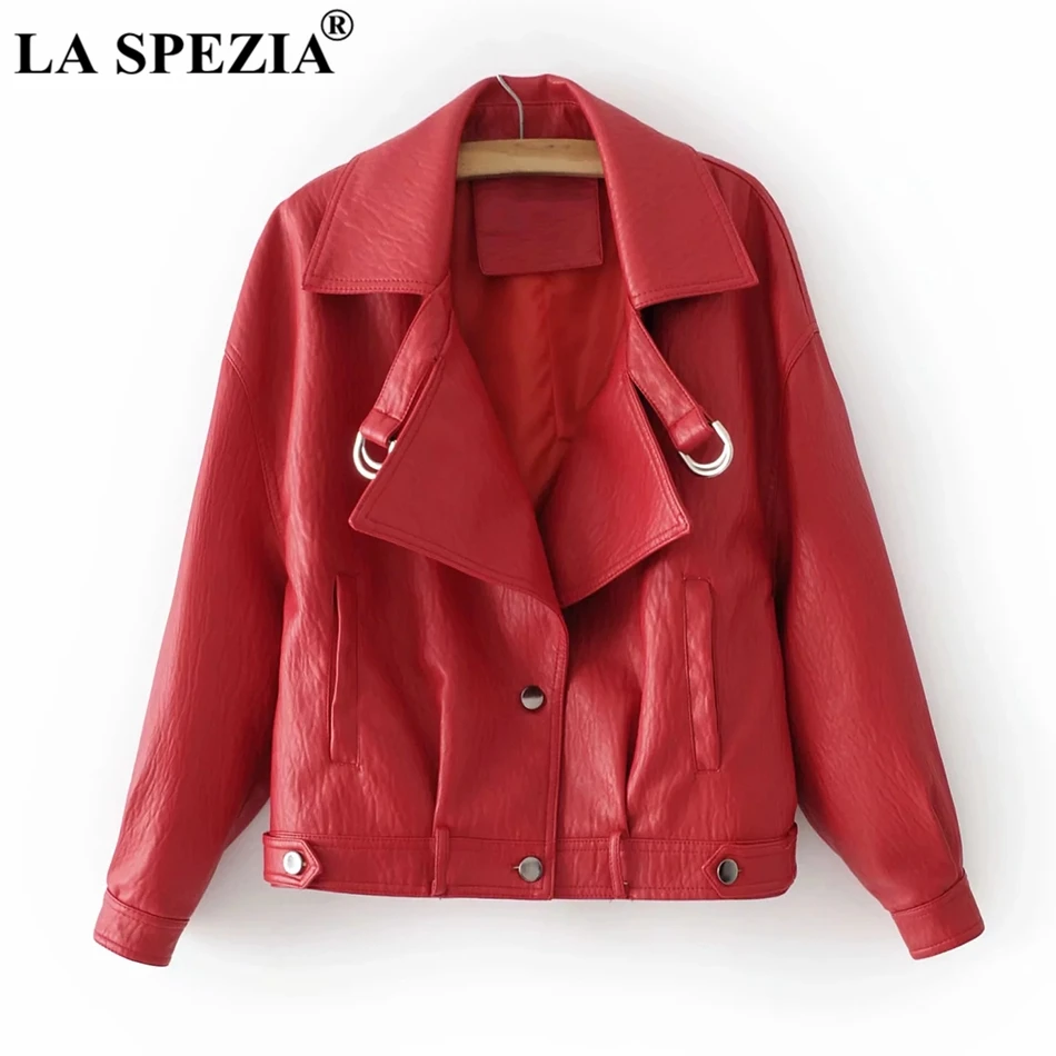 LA SPEZIA Red Coat Women Faux Leather Short Jacket Female Button Loose Pockets Biker Motorcycle Rock Autumn Winter Clothes Beige