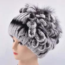 Winter fur hat women real rex rabbit fur hat with silver fox fur flower knitted beanie new sale high-end women fur Flowers cap