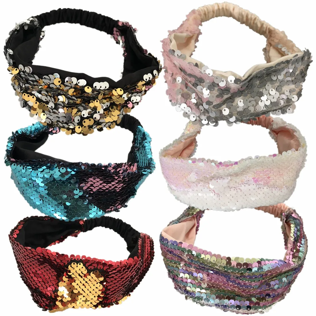 16pcs Sparkly Reversible Sequin Headbands Fashion Women Elastic Stretch