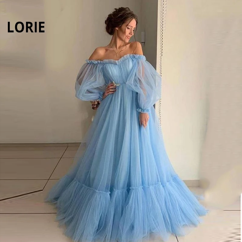 LORIE Blue Prom Dresses Long Sleeve Off the Shoulder Princess Dress 2020 Tulle Lace-up Formal Evening Party Dresses Plus Size