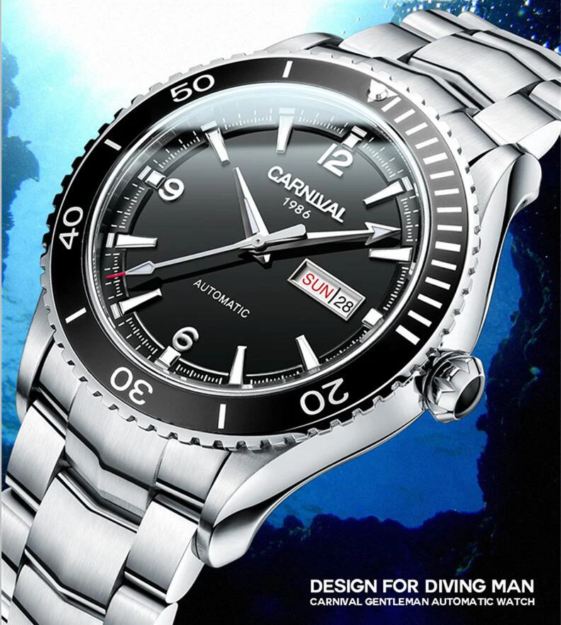 Карнавал Швейцария классический Дайвинг 50 м часы Автоматические самоветер Мужские механические часы лучший бренд класса люкс MIYOTA движение