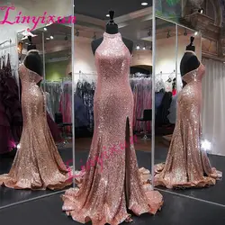 Vestido de Festa Longo 2018 Шампанское Высокая шея блестками Длинные вечерние платья Спарки спинки Разделение сбоку пикантные Для женщин платья для