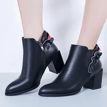 New Fall Winter Casual Shoes Fashion 2016 Black Leather Ankle Boots Chunky Heel Pointed Toe Booties For Womens