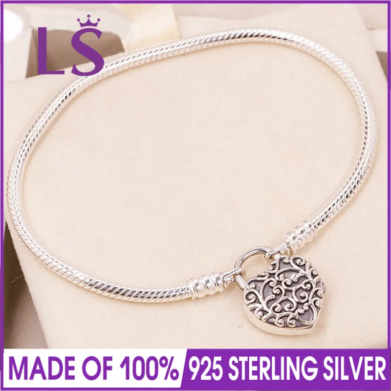 

LS High Quality 100% 925 Silver Moments Smooth Silver Padlock Bracelet, Regal Heart Bangle for Women Fit Original Beads Charm W