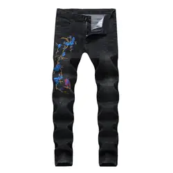 2018 Летний Новый продажа цветы вышивка мужские джинсы прямые модные повседневные китайский стиль черный мужской джинсовые штаны Большие