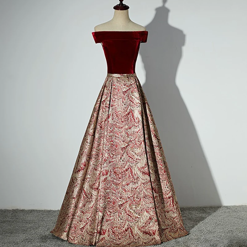 

Wine red Print Evening Dress 2019 A Line Satin Boat neck Long Prom Party Dress 2019 Evening Gowns